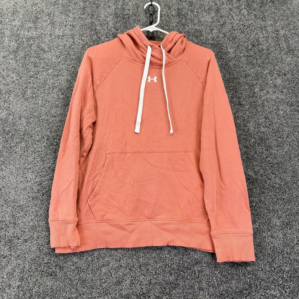 Under Armour Hoodie Womens Large Pink Orange Fleece Pullover High Neck Logo